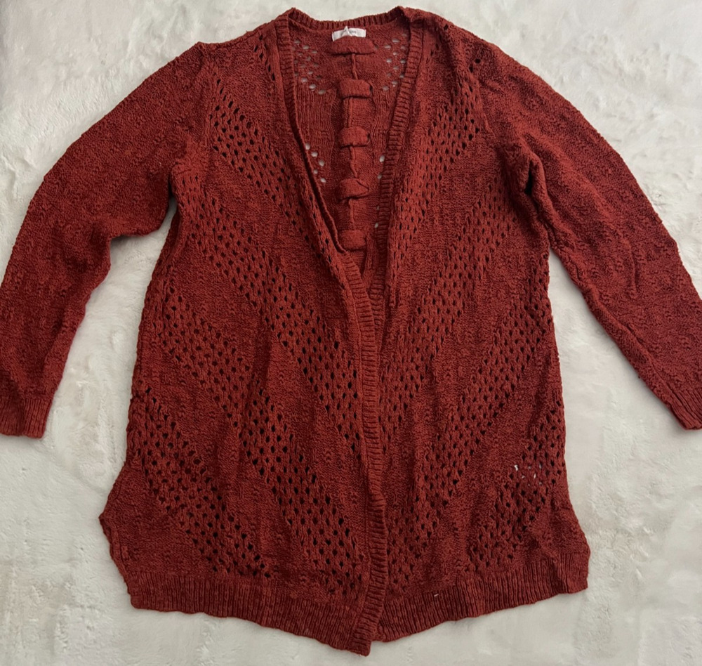 Maurices Womens Large Rust Open Knit Cardigan Sweater Long Sleeve Boho Braided